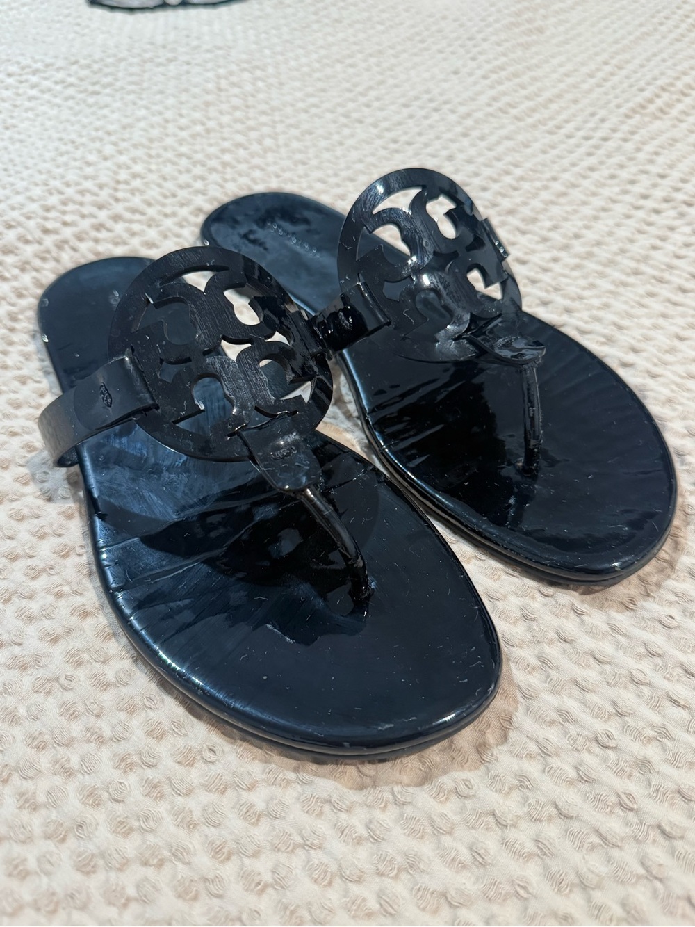 Tory Burch Black Patent Logo Thong Sandals